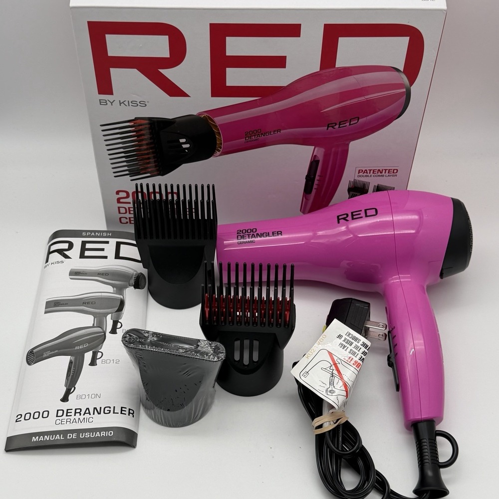 RED by Kiss 2000 Detangler Ceramic Hair Dryer BD12 Pink 1200W Comb Attachments